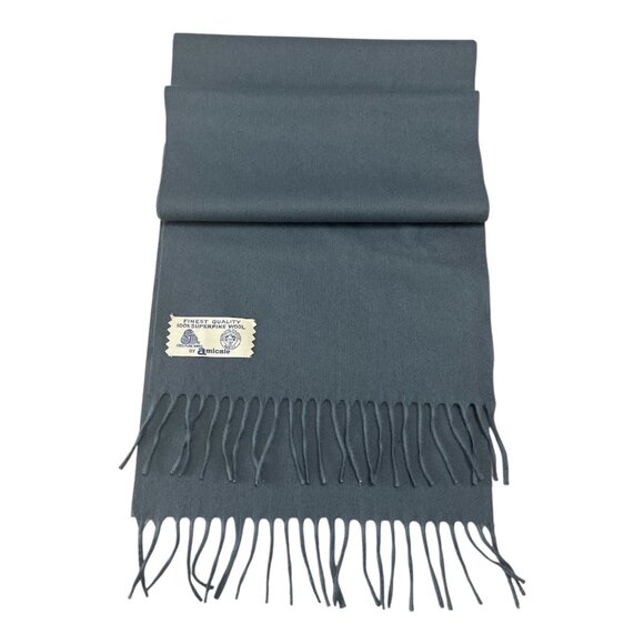 Vtg Amicale Superfine Wool Scarf – 100% Merino, Blue-Gray, Fringe Ends, Made in - Picture 2 of 3